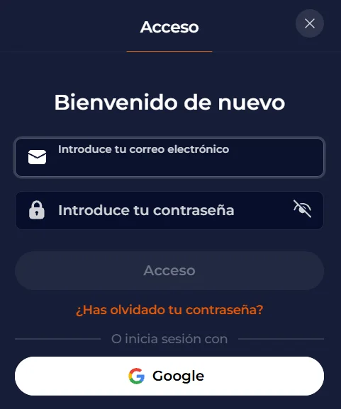 Nine Casino Acceso e Inicio de Sesión Nine Casino formulario de acceso con correo electrónico, contraseña e inicio de sesión mediante Google